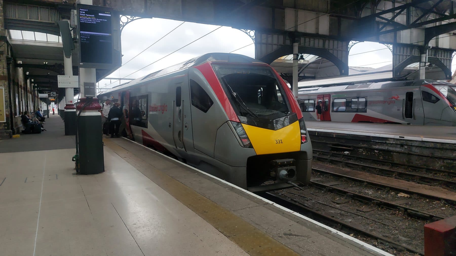 A Greater Anglia Class 755 Stadler FLIRT train at Norwich station