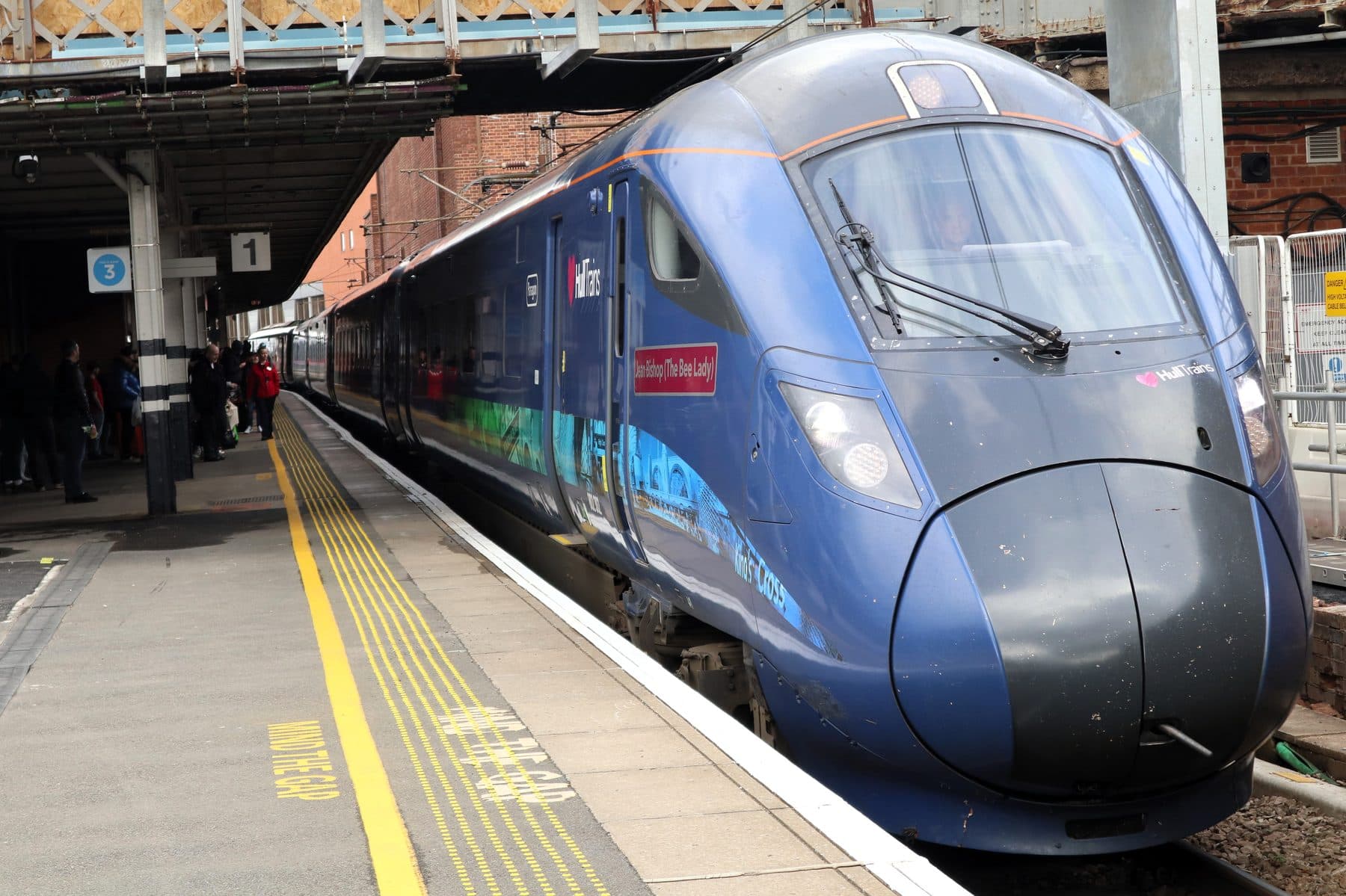 A Hull Trains Class 802 'Paragon' bi-mode train in its own blue livery at a station platform